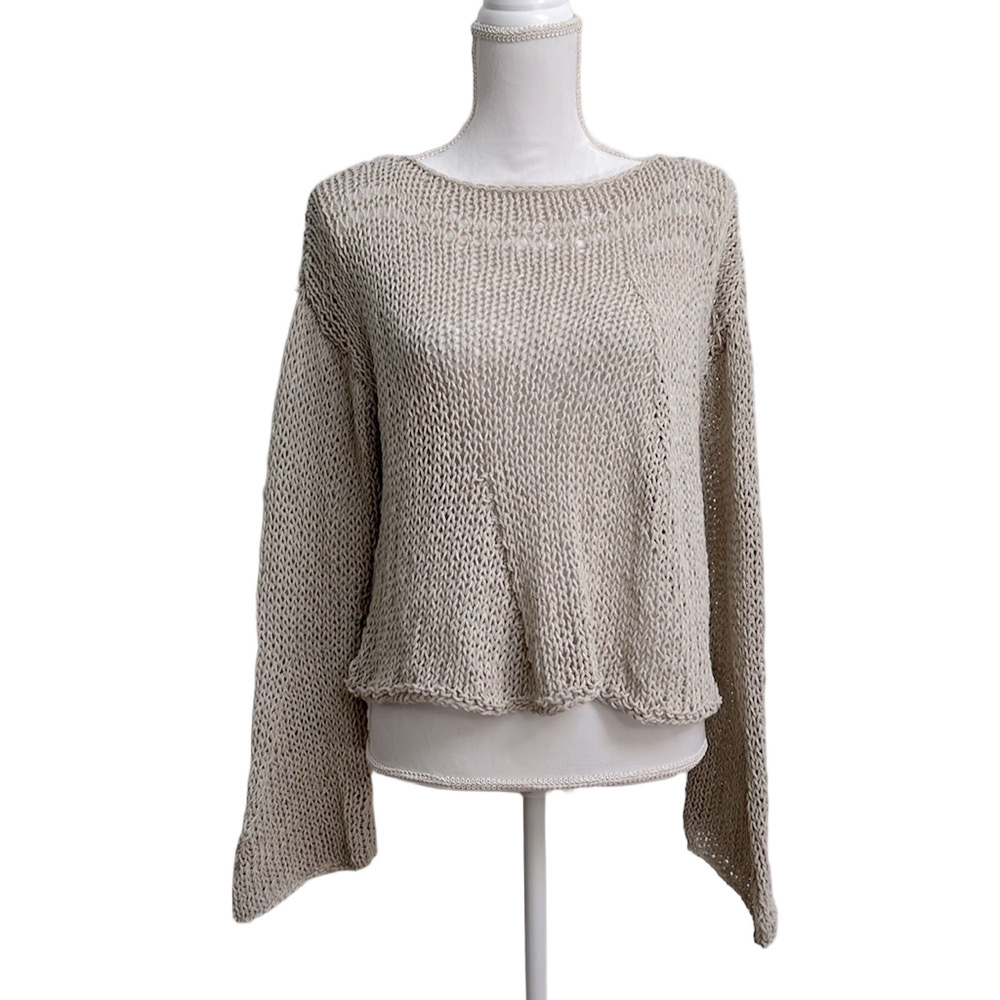 Umit Unal Lightweight Crochet Knit Pullover Sweater with Bell Sleeves